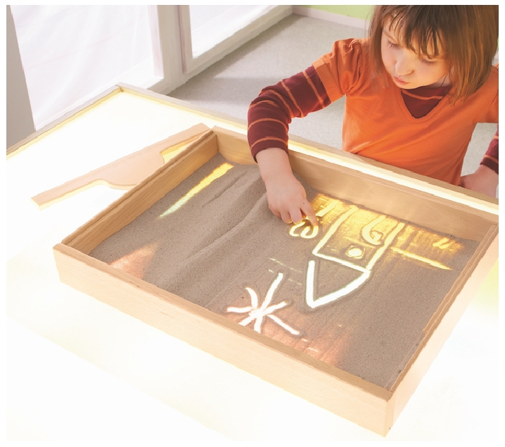 Bandeja sensorial con marco de madera y base transparente